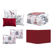 Vanme Parigi 7 Piece Comforter Set, Classic Parisian Pattern and Design, Elegant Comforter Set, 1 Comforter, 2 Shams, 1 Bedskirt and 3 Decorative Pillows, Queen