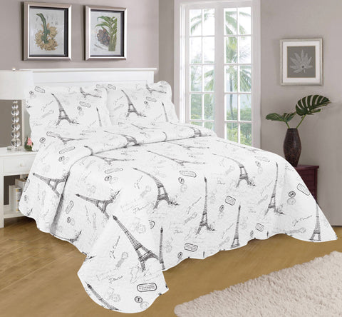Vanme Amalie 3 Piece Printed Quilt Set, Printed Coverlet Bed Set, Printed Paris Pattern and Design, Elegant Quilt with Design on Both Sides, 1 Quilt Coverlet and 2 Pillow Shams, Queen