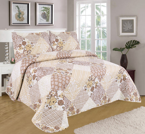Vanme Marigold 3 Piece Printed Quilt Set, Printed Coverlet Bed Set, Printed Patchwork Pattern and Floral Design, Elegant Quilt with Design on Both Sides, 1 Quilt Coverlet and 2 Pillow Shams, King